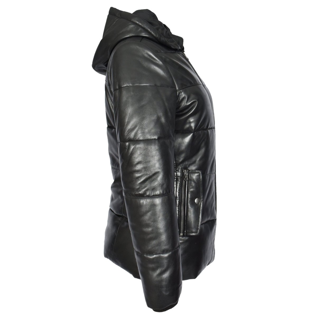 BUNERI Chaqueta Acolchada de Cuero para Mujer Negra con Capucha Desmontable - Imagen 4