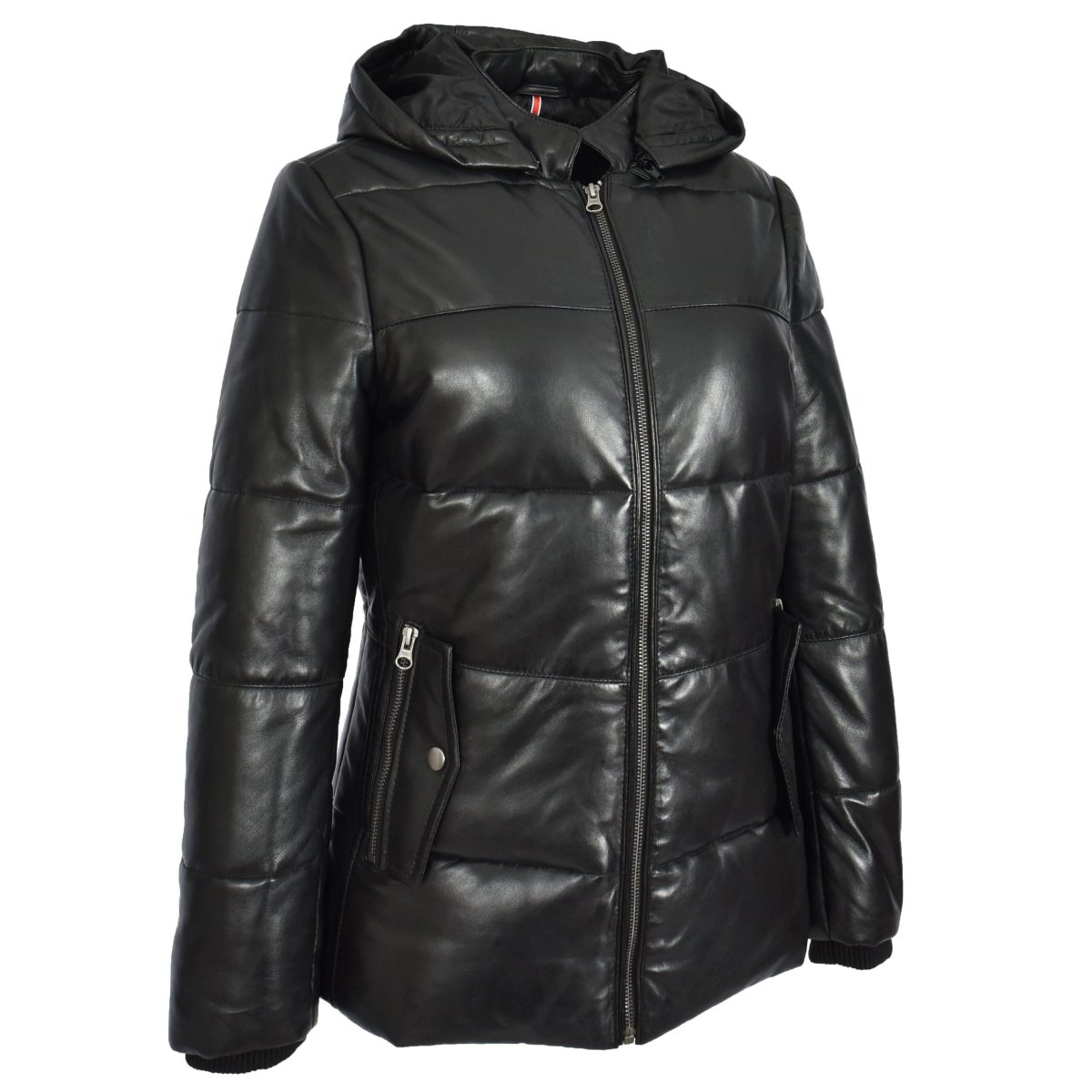 BUNERI Chaqueta Acolchada de Cuero para Mujer Negra con Capucha Desmontable - Imagen 5