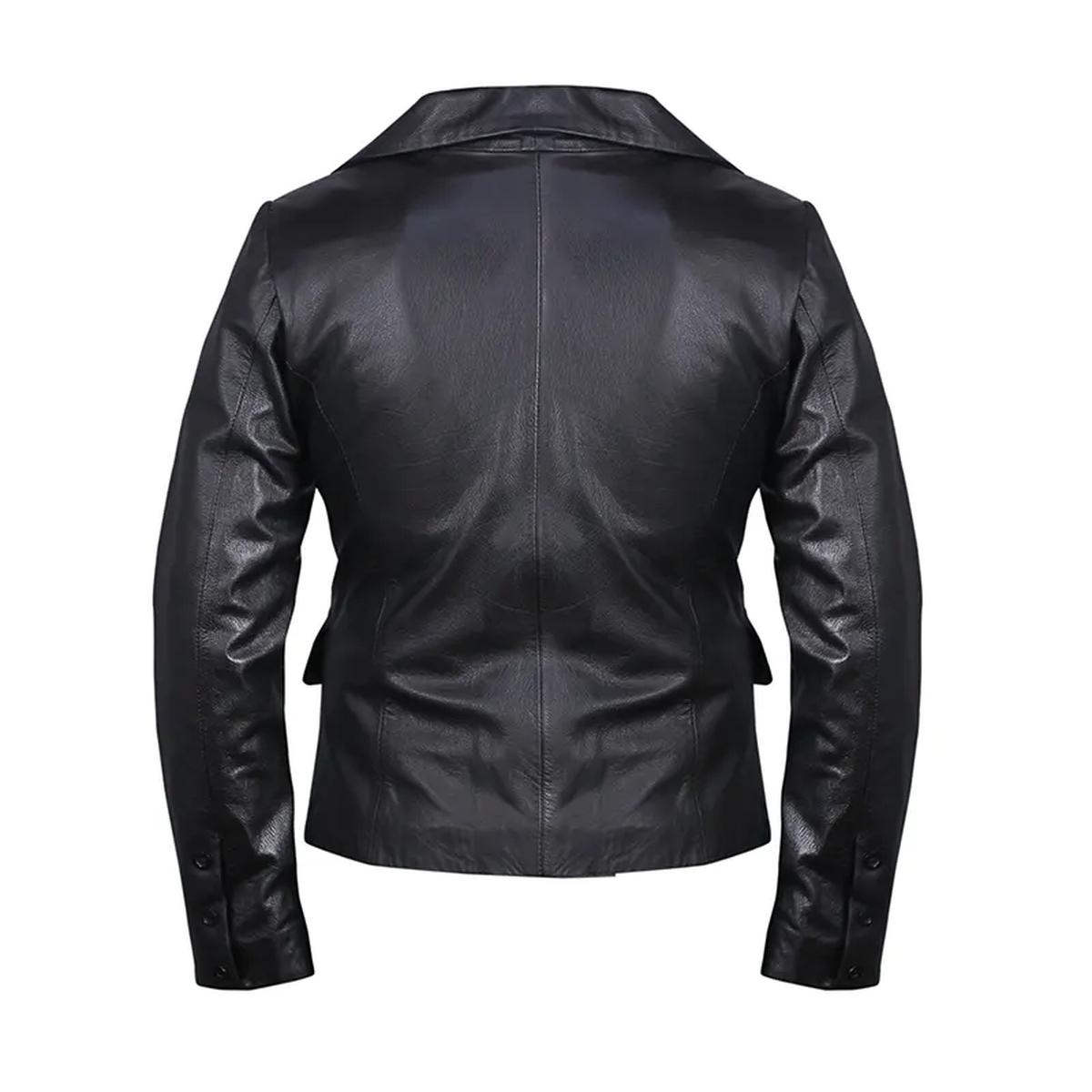 Blazer cruzado de piel auténtica negra para mujer - Imagen 3