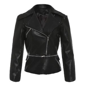 Chaqueta negra de piel auténtica para mujer con cremallera YKK y corte ajustado.