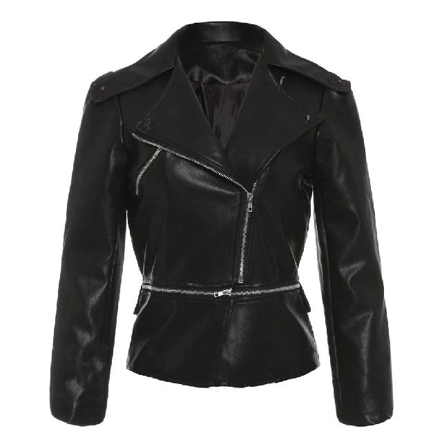 Chaqueta negra de piel auténtica para mujer con cremallera YKK y corte ajustado.