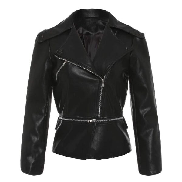 Chaqueta negra de piel auténtica para mujer con cremallera YKK y corte ajustado. - Imagen 4