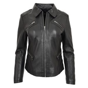 BUNERI Chaqueta Mujer Cuero Biker Zip Box Clásico Negro
