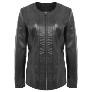 BUNERI Chaqueta de Cuero Suave Negra Clásica sin Cuello