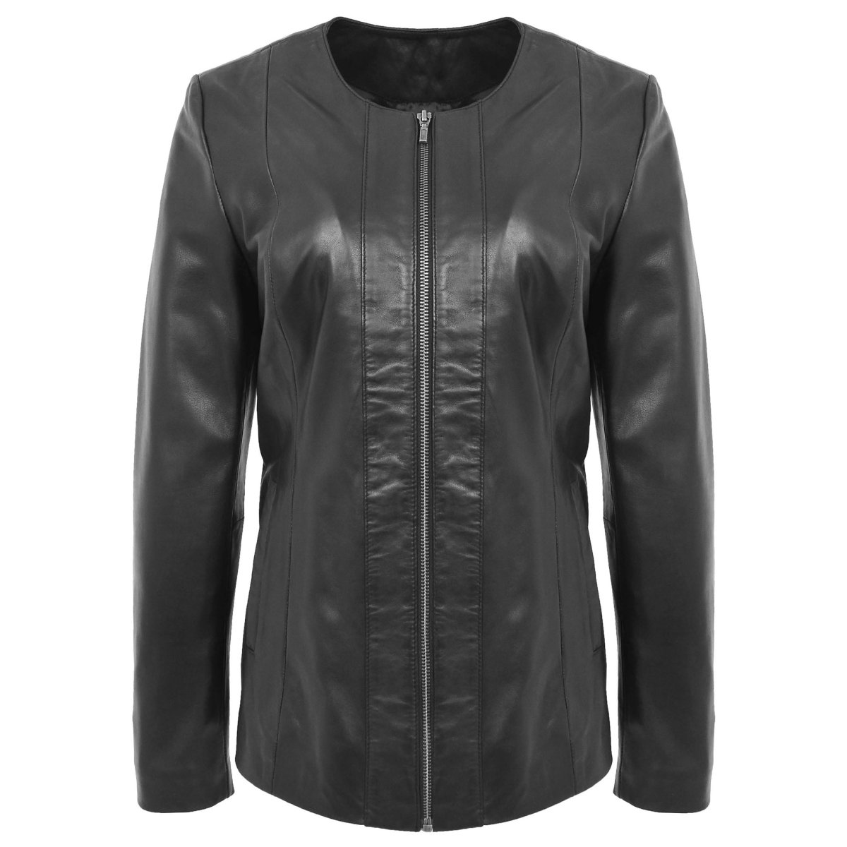 BUNERI Chaqueta de Cuero Suave Negra Clásica sin Cuello