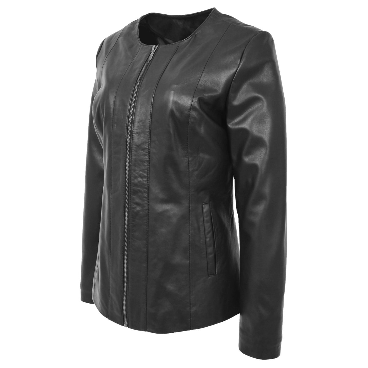 BUNERI Chaqueta de Cuero Suave Negra Clásica sin Cuello - Imagen 4