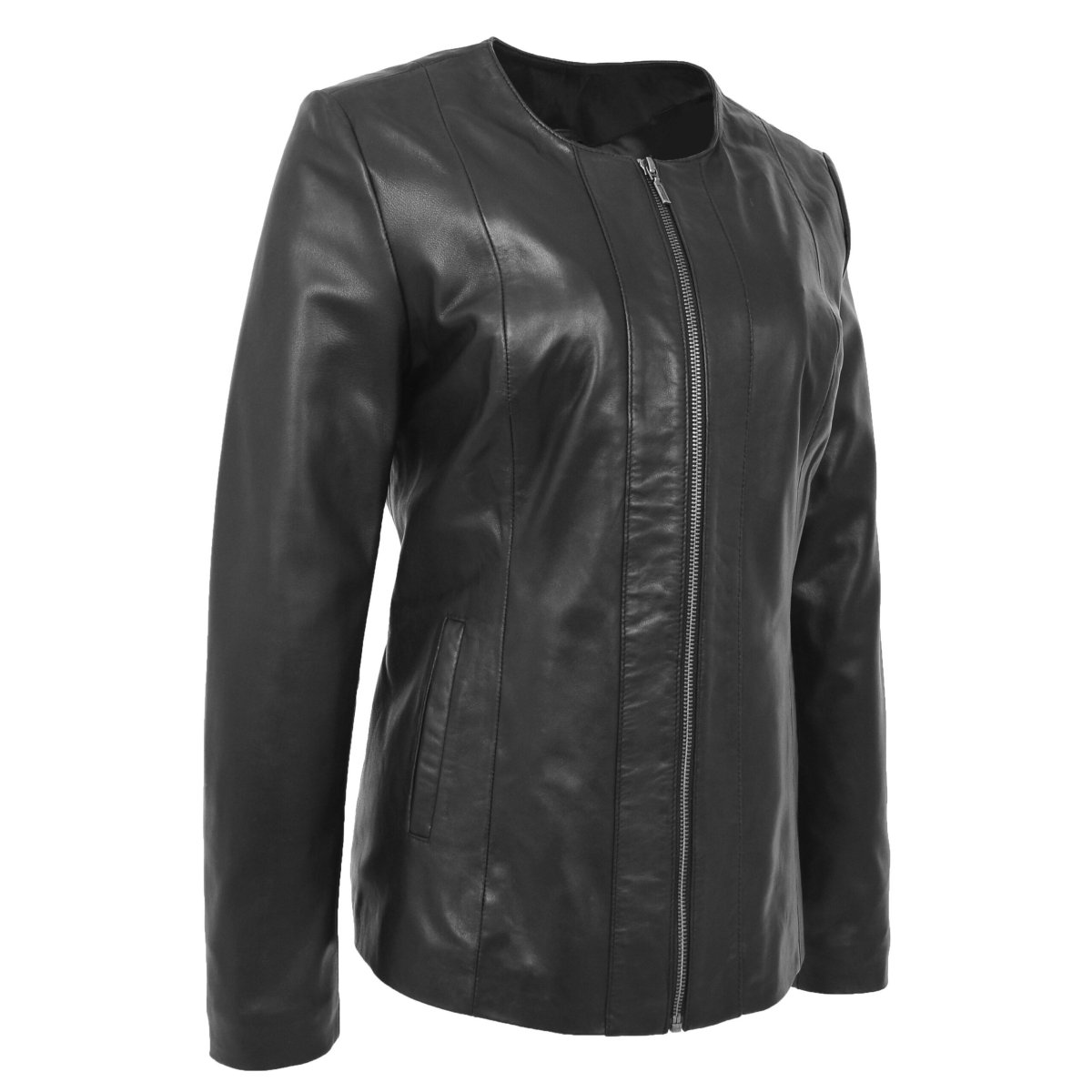 BUNERI Chaqueta de Cuero Suave Negra Clásica sin Cuello - Imagen 5