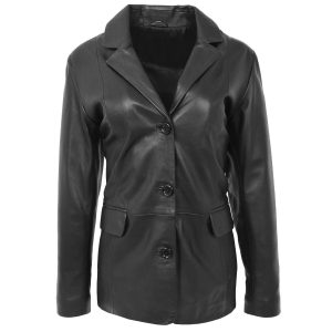 BUNERI Blazer de Cuero Clásico con 3 Botones para Mujer Negro