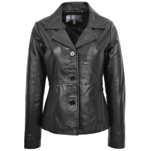 BUNERI Chaqueta Mujer Cuero Blazer Clásico Tres Botones Negro