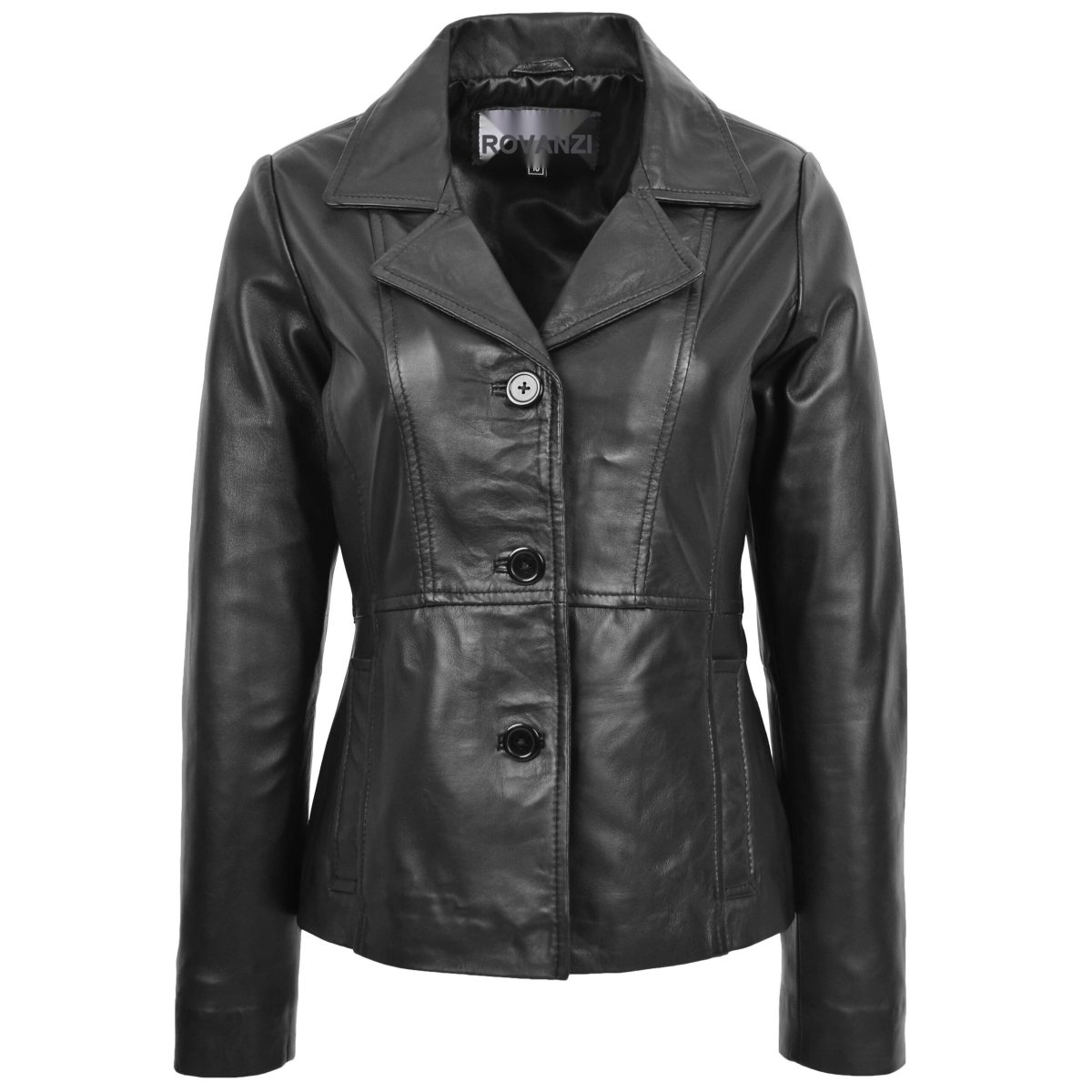 BUNERI Chaqueta Mujer Cuero Blazer Clásico Tres Botones Negro - Imagen 2