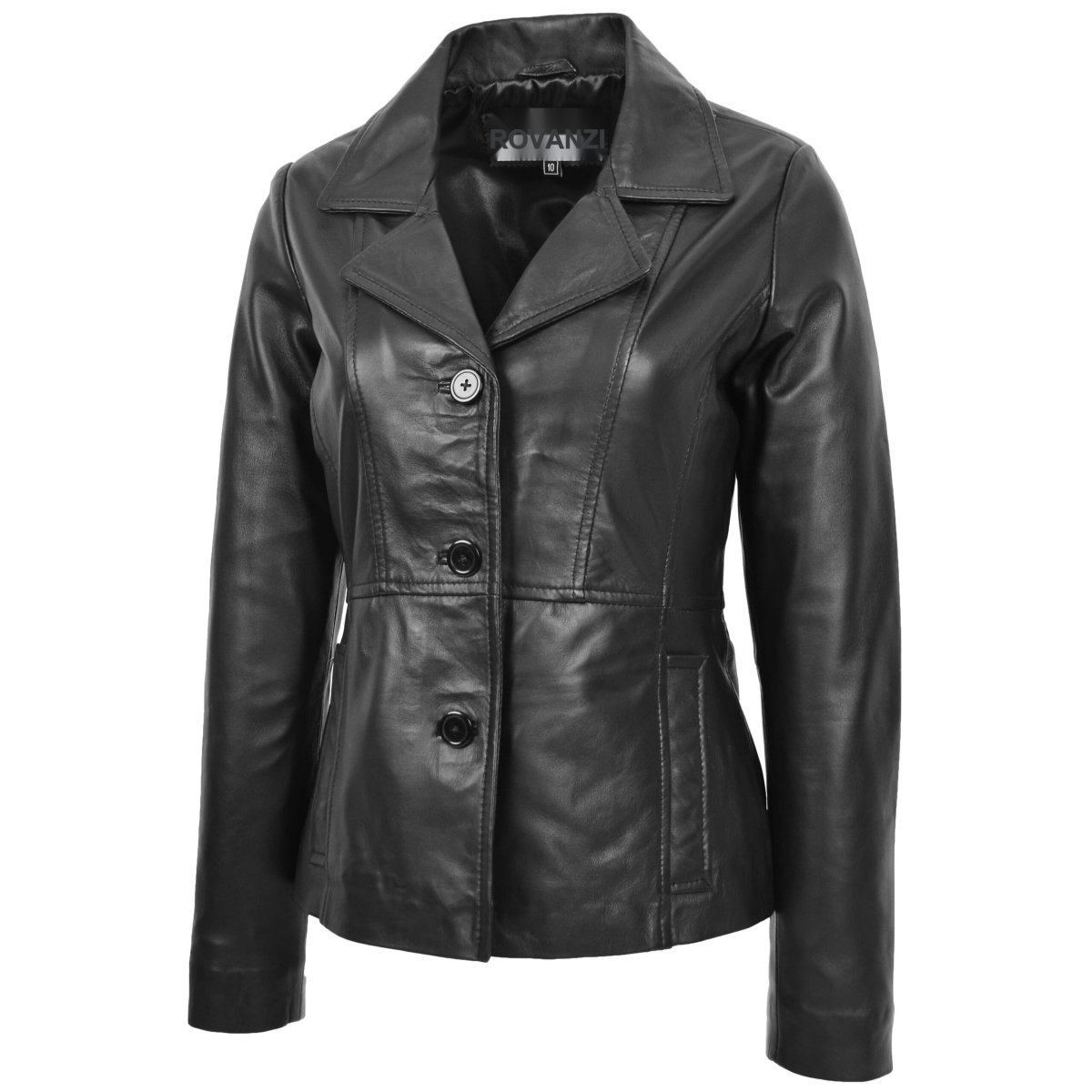 BUNERI Chaqueta Mujer Cuero Blazer Clásico Tres Botones Negro - Imagen 4