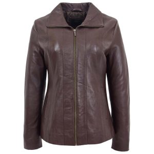 BUNERI Chaqueta de Cuero Clásica con Cremallera para Mujer Marrón
