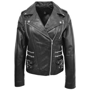 BUNERI Biker de Cuero Negro con Cierre Cruzado para Mujer