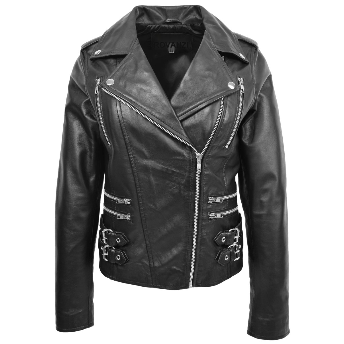 BUNERI Biker de Cuero Negro con Cierre Cruzado para Mujer - Imagen 2