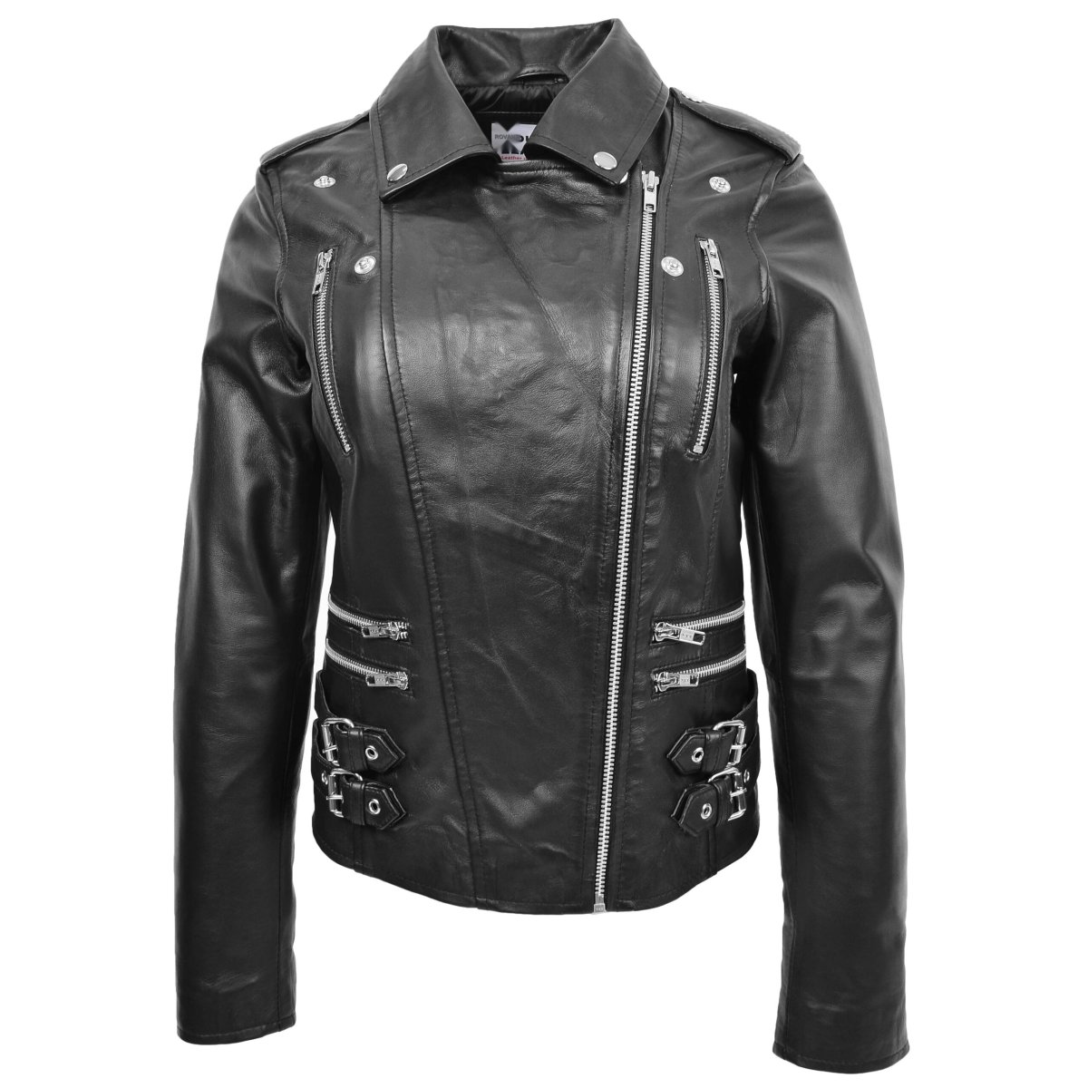 BUNERI Biker de Cuero Negro con Cierre Cruzado para Mujer - Imagen 4