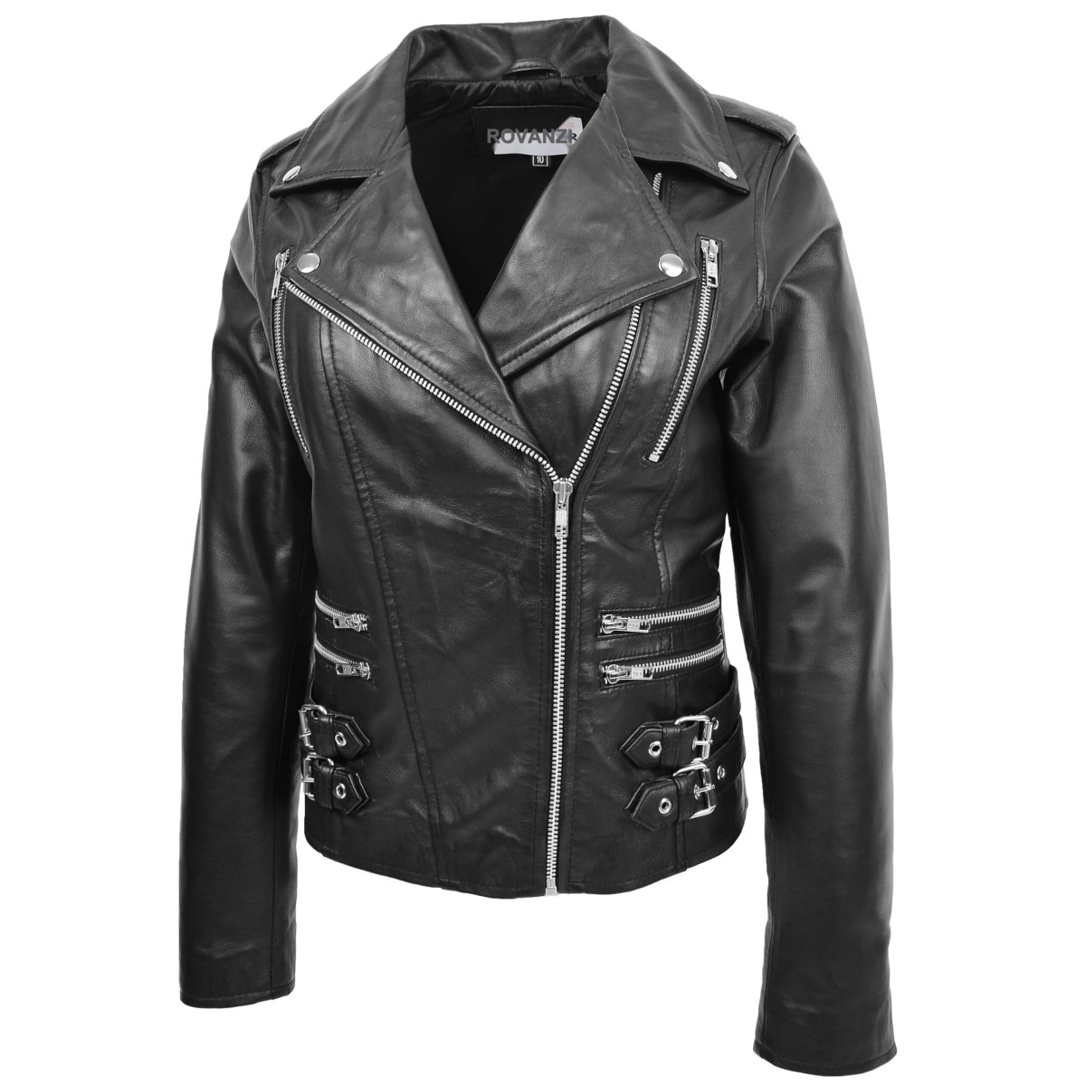 BUNERI Biker de Cuero Negro con Cierre Cruzado para Mujer - Imagen 5