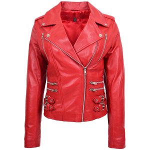 BUNERI Chaqueta Biker de Cuero para Mujer con Cierre Cruzado Rojo