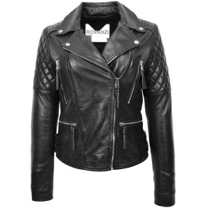 BUNERI Chaqueta Biker de Cuero con Cierre Cruzado para Mujer