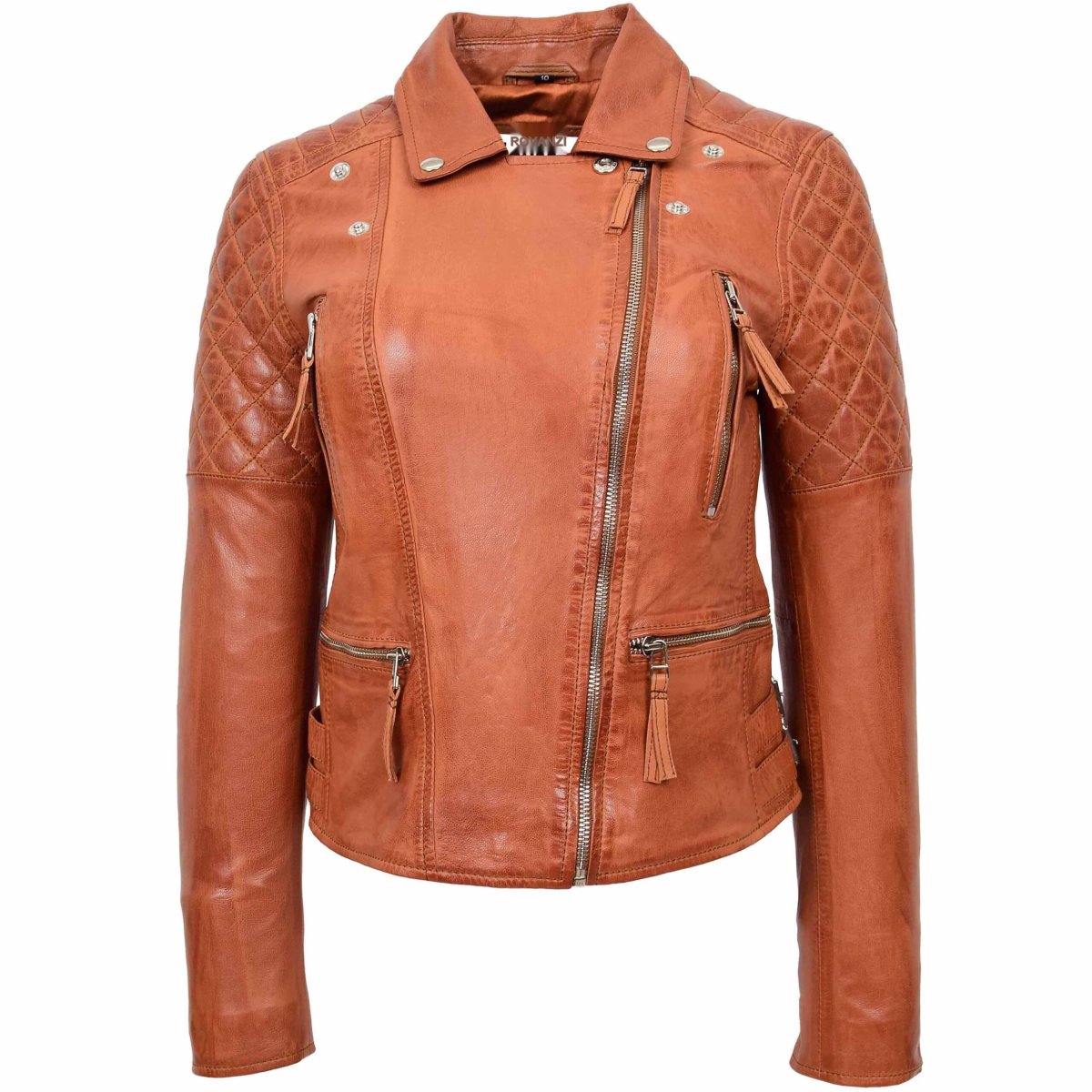 BUNERI Biker Cuero Claudia Coñac Cross Zip Mujer - Imagen 4