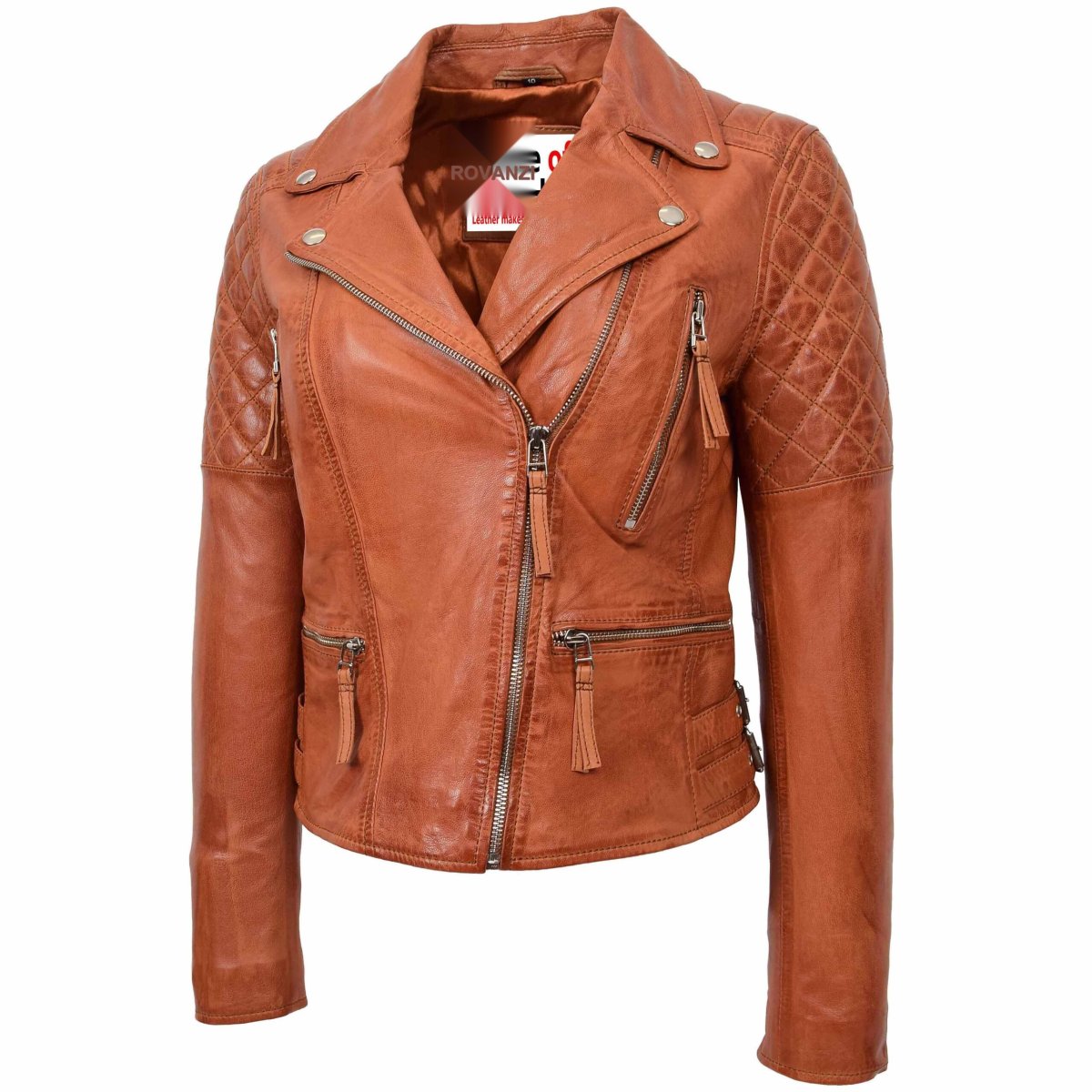 BUNERI Biker Cuero Claudia Coñac Cross Zip Mujer - Imagen 5