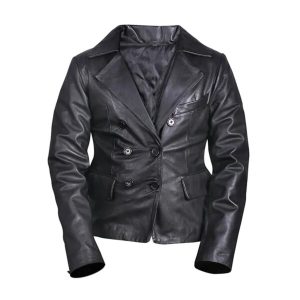 Blazer cruzado de piel auténtica negra para mujer