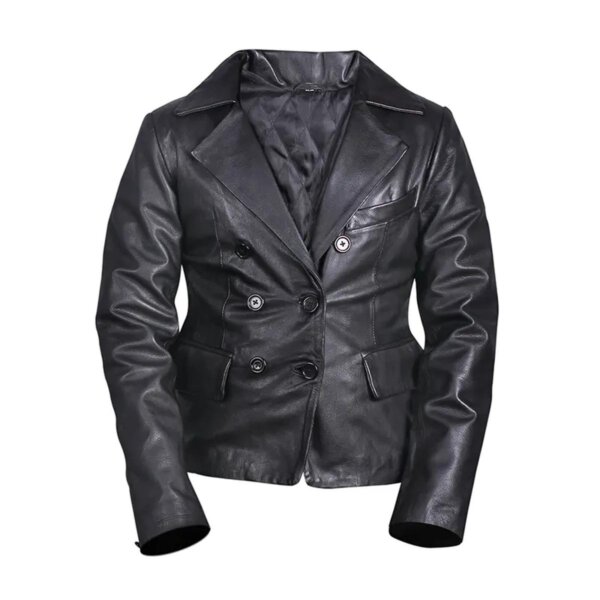 Blazer cruzado de piel auténtica negra para mujer
