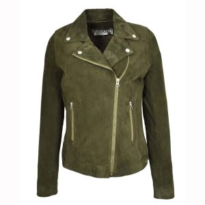 BUNERI Chaqueta Biker de Ante de Cabra Genuino para Mujer Verde Oliva