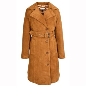 BUNERI Trench de Ante de Cabra para Mujer 3/4 Longitud Coñac con Cinturón