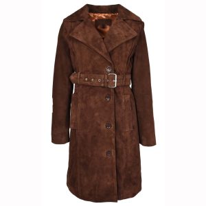 BUNERI Trench de Ante de Cabra para Mujer 3/4 Marrón Óxido con Cinturón