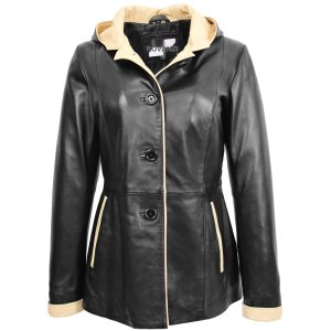 BUNERI Chaqueta de Cuero Negro y Beige para Mujer con Capucha