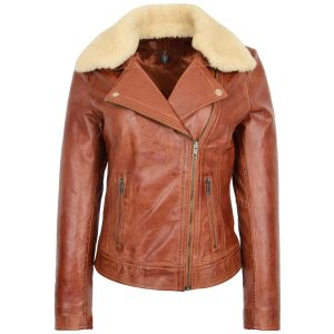 BUNERI Chaqueta Biker de Cuero para Mujer con Cuello Desmontable Castaño