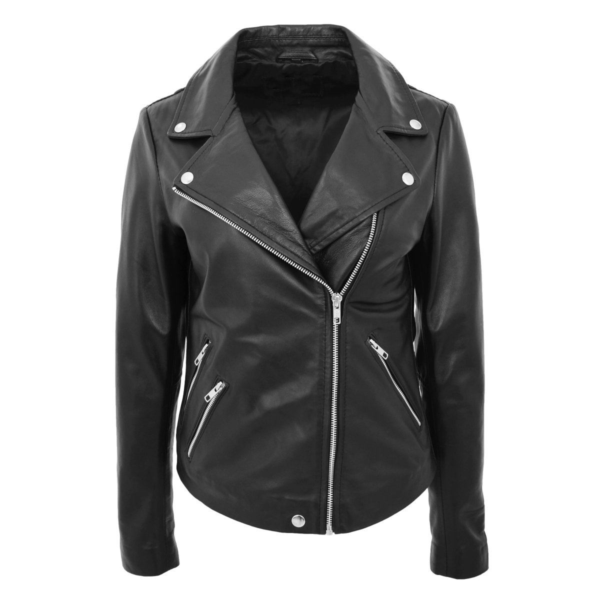 BUNERI Chaqueta Mujer Cuero Auténtico Estilo Biker Cremallera Cruzada Negra - Imagen 2