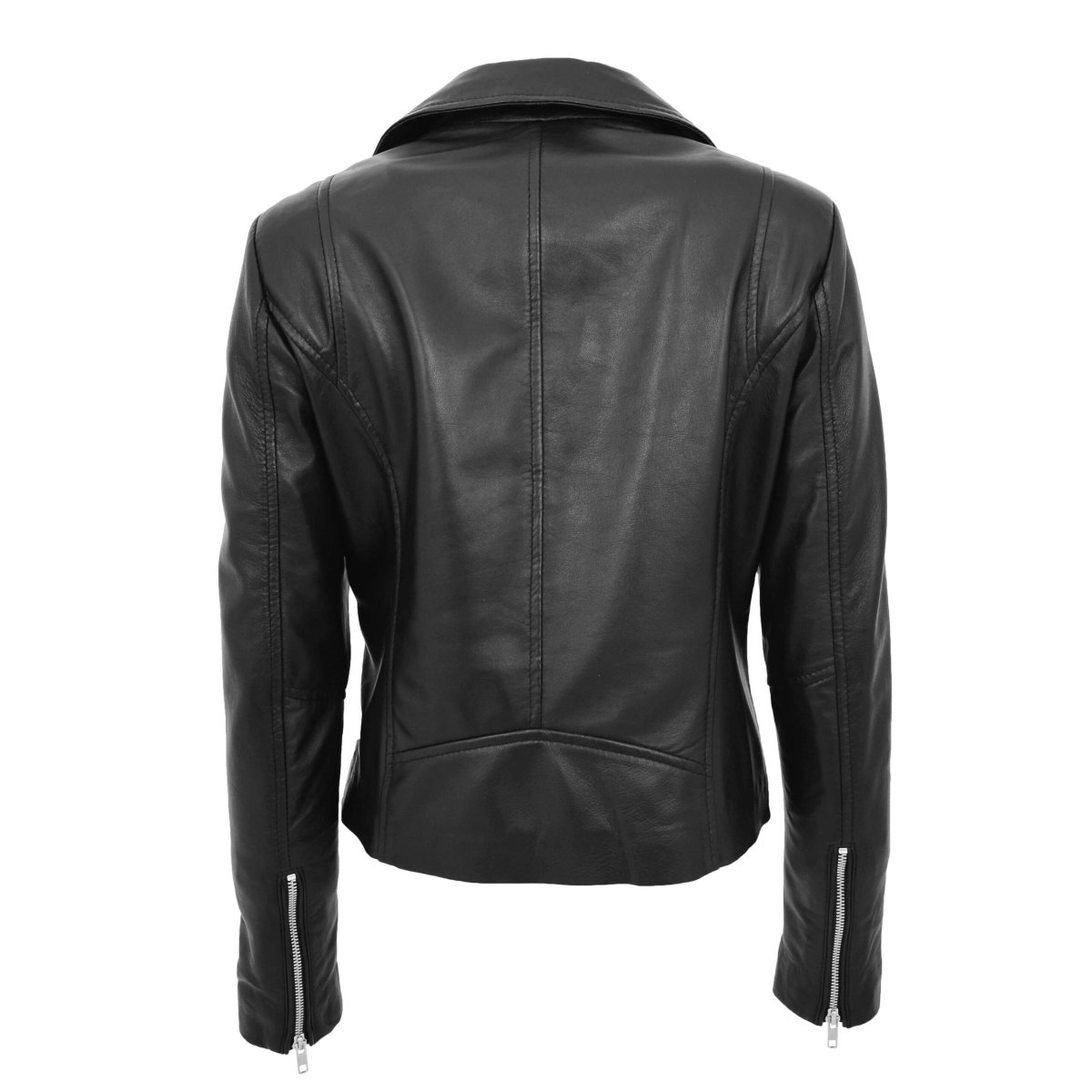 BUNERI Chaqueta Mujer Cuero Auténtico Estilo Biker Cremallera Cruzada Negra - Imagen 3