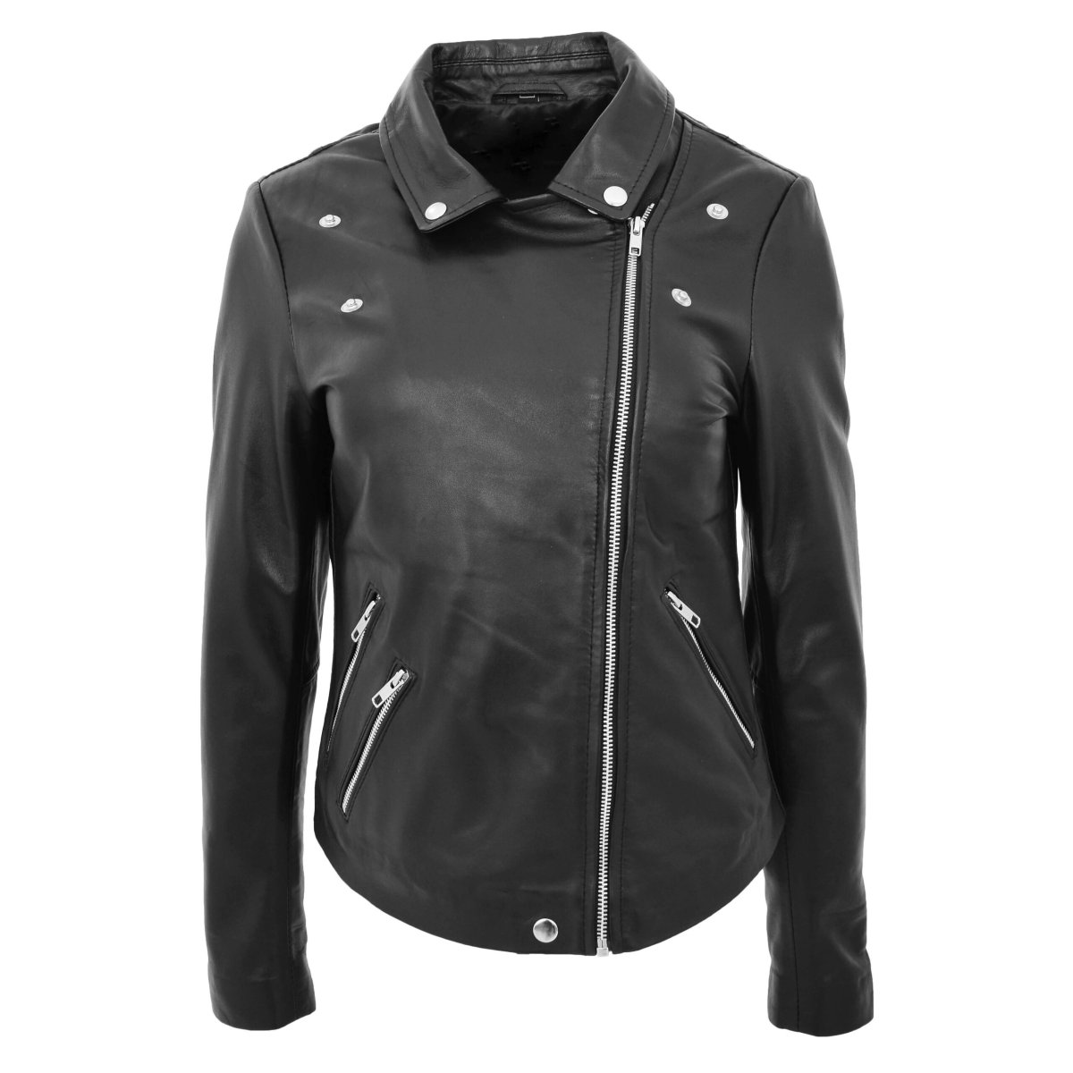 BUNERI Chaqueta Mujer Cuero Auténtico Estilo Biker Cremallera Cruzada Negra - Imagen 4