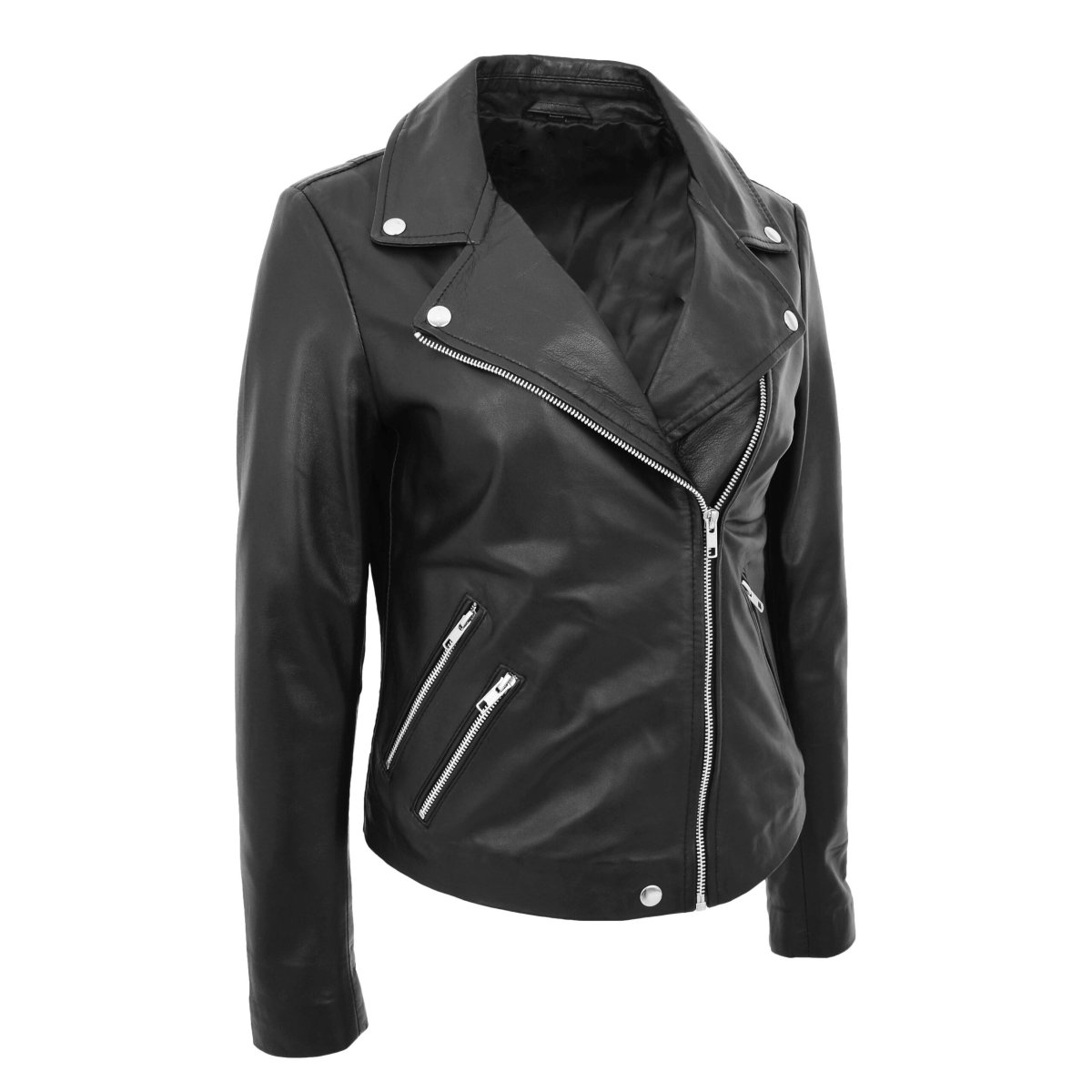 BUNERI Chaqueta Mujer Cuero Auténtico Estilo Biker Cremallera Cruzada Negra - Imagen 5