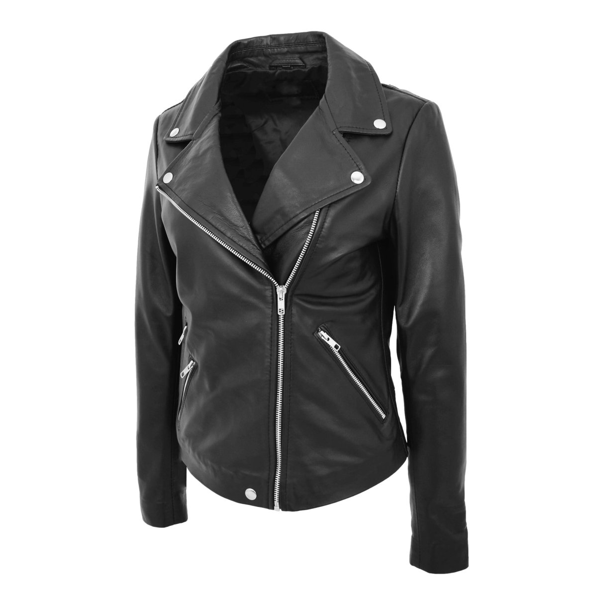 BUNERI Chaqueta Mujer Cuero Auténtico Estilo Biker Cremallera Cruzada Negra - Imagen 6