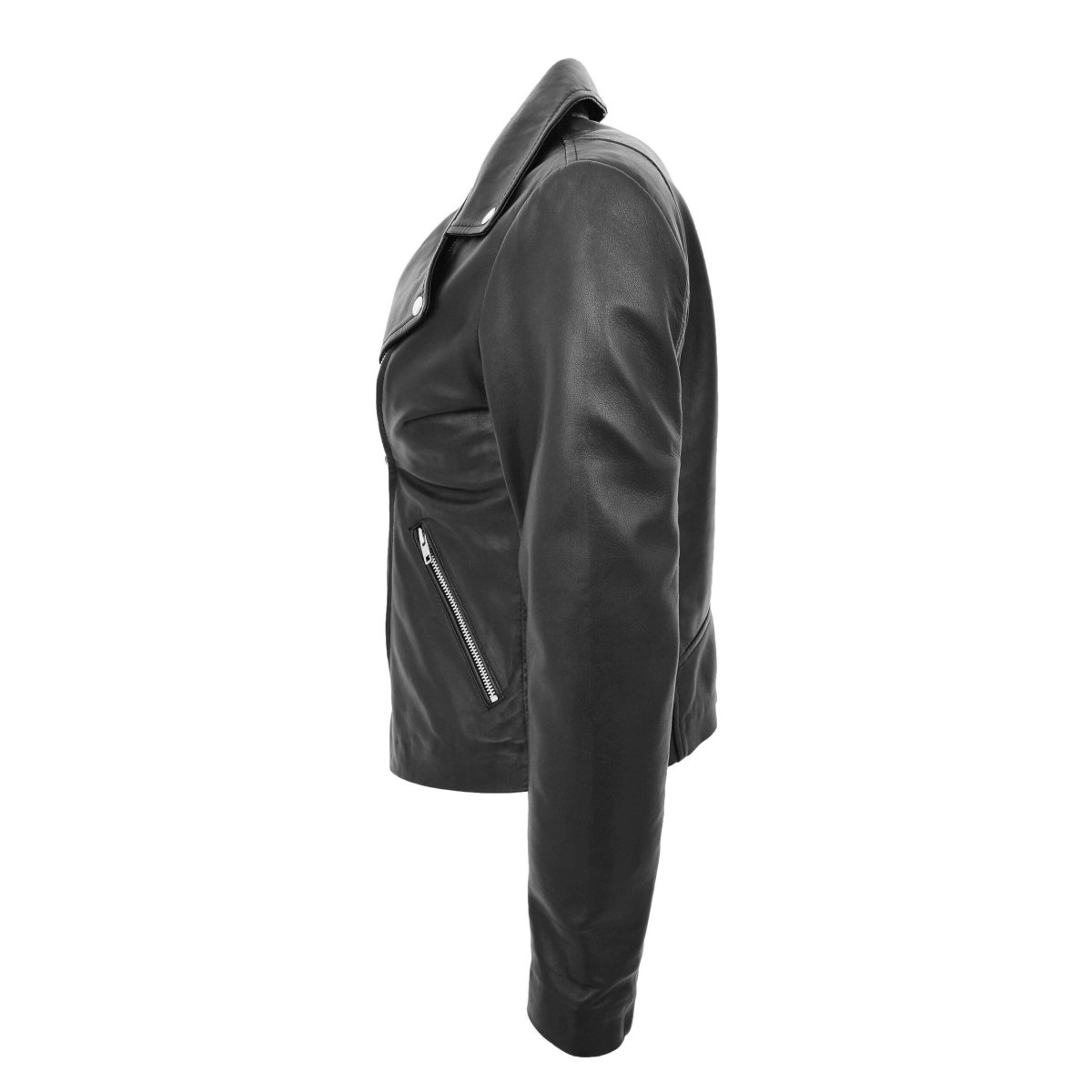 BUNERI Chaqueta Mujer Cuero Auténtico Estilo Biker Cremallera Cruzada Negra - Imagen 7