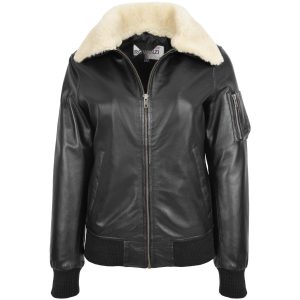 BUNERI Chaqueta Mujer Cuero Bomber Negra Cuello Extraíble