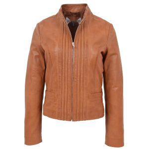 BUNERI Chaqueta de Cuero Casual con Cuello Alto para Mujer Tostado
