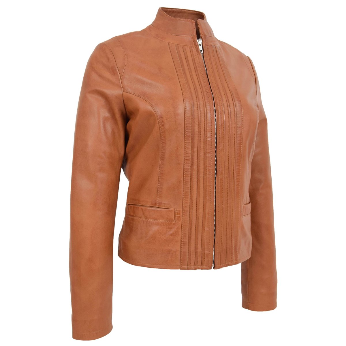 BUNERI Chaqueta de Cuero Casual con Cuello Alto para Mujer Tostado - Imagen 5