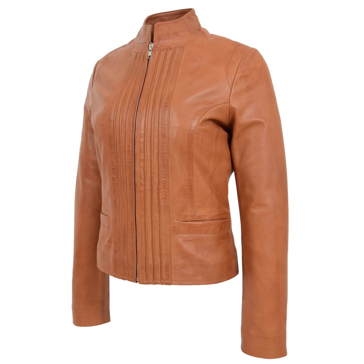 BUNERI Chaqueta de Cuero Casual con Cuello Alto para Mujer Tostado - Imagen 6