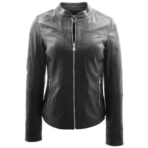 BUNERI Chaqueta Biker de Cuero Tayla Negra Estilo Clásico