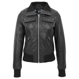 BUNERI Bomber de Cuero Negro Clásica para Mujer