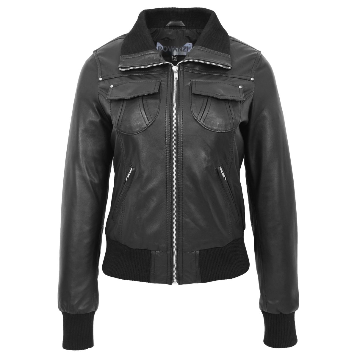 BUNERI Bomber de Cuero Negro Clásica para Mujer