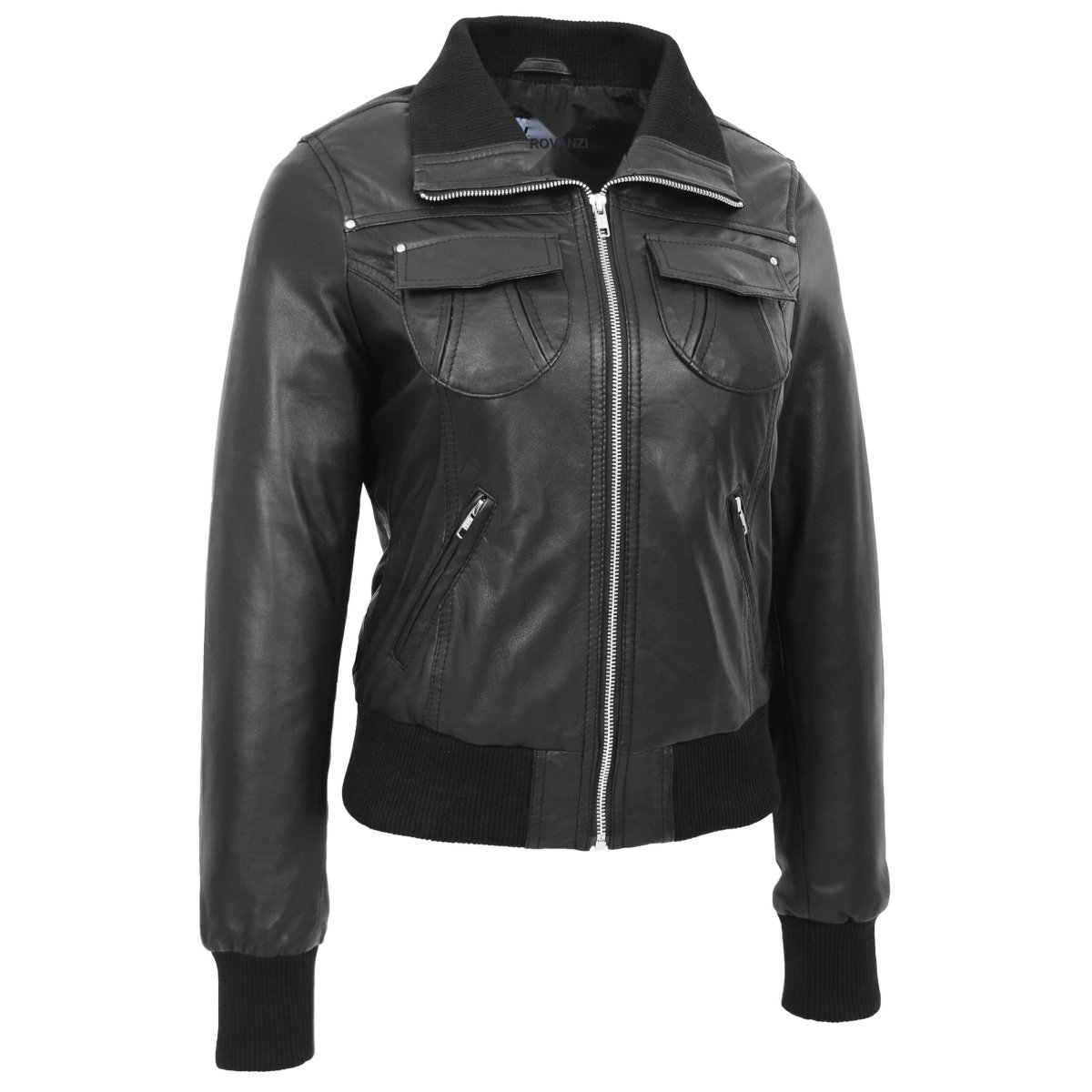 BUNERI Bomber de Cuero Negro Clásica para Mujer - Imagen 4