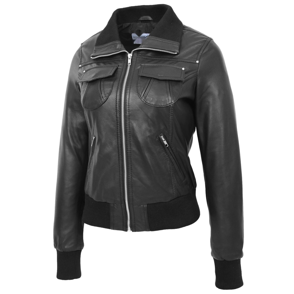 BUNERI Bomber de Cuero Negro Clásica para Mujer - Imagen 5