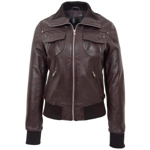 BUNERI Chaqueta Bomber Clásica de Cuero para Mujer Marrón
