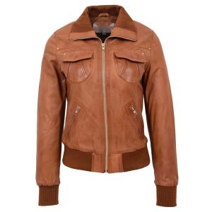 BUNERI Chaqueta Bomber Clasica de Cuero para Mujer Tostado