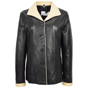 BUNERI Chaqueta Mujer Cuero Clásica Abotonada Box Negro Beige