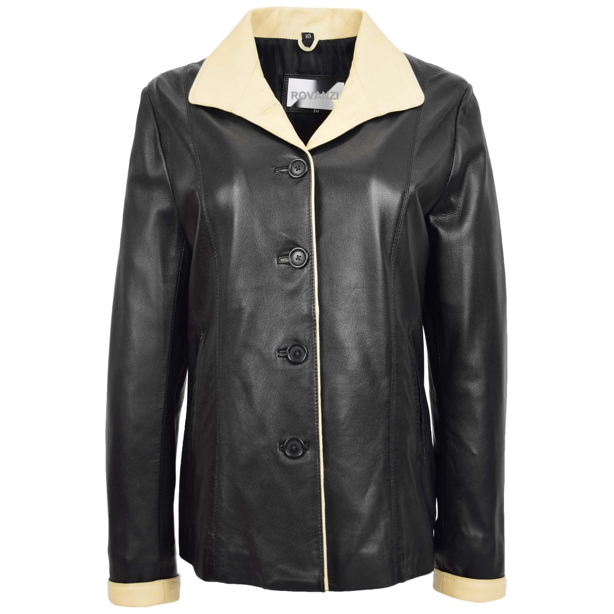 BUNERI Chaqueta Mujer Cuero Clásica Abotonada Box Negro Beige